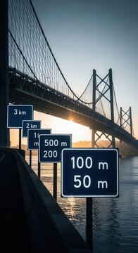 Bridge Navigation Signs at Sunset Providing Distance Information with Scenic Golden Hour Light