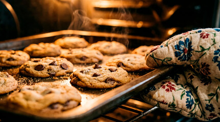 A hand wearing an oven mitt pulls a baking sheet of warm chocolate chip cookies from a hot oven.