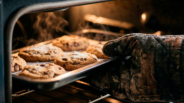 A hand in an oven mitt pulls a tray of warm chocolate chip cookies from the oven.