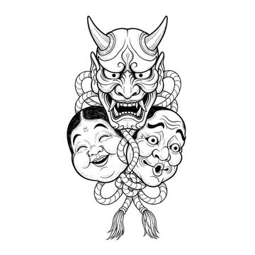 Hand drawn ink sketch of three Japanese masks tied together isolated on white background. Traditional tattoo illustration.