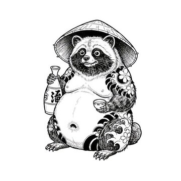 Hand drawn ink sketch of Tanuki Raccoon Dog with sake bottle isolated on white background. Traditional tattoo illustration.
