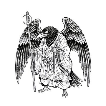 Hand drawn ink sketch of Karasu Tengu Crow Demon warrior isolated on white background. Traditional tattoo illustration.