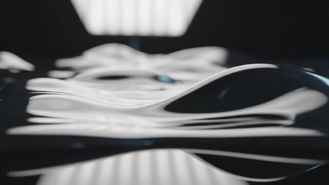 Liquid metal waves flowing over documents and computer mouse on a sleek modern desk viewed from a low angle