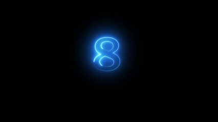 Glowing blue neon number eight on black background
