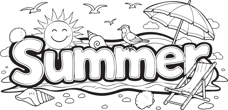 Summer beach color page for kids with sun umbrella and beach chair