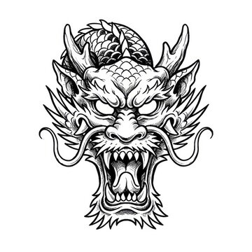 Hand drawn ink sketch of Japanese dragon head front view isolated on white background. Traditional tattoo illustration.