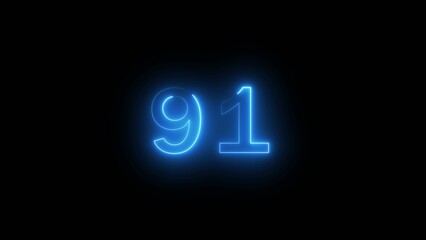 Fototapeta premium Glowing blue neon number ninety one on black background