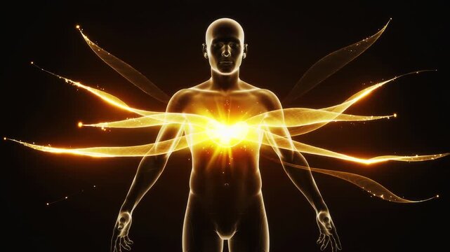 Glowing Golden Energy Radiates From Human Silhouette Chest