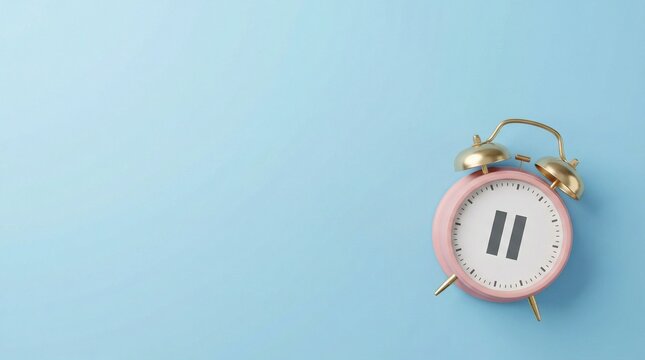 Pink Alarm Clock with Pause Symbol on Blue Background