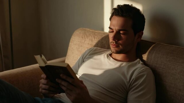 Reading man holding book at home, sunlight falling left causing glancing up and right, raglan tee