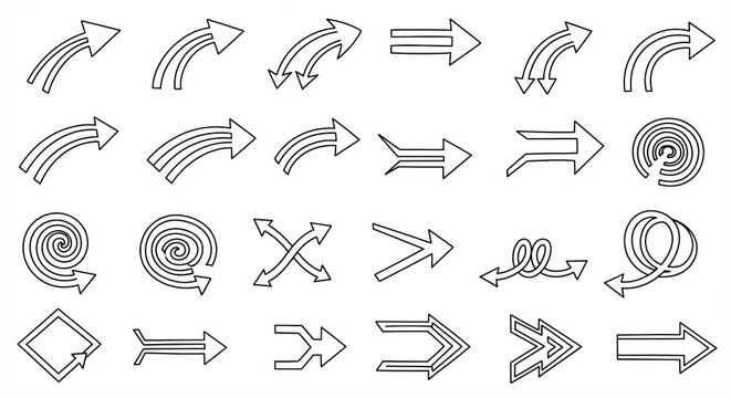 Double Line Outline Hand Drawn Arrow Set - 20 Hollow Center Directional Doodles on White - Minimal Sketch Collection for Contemporary Design