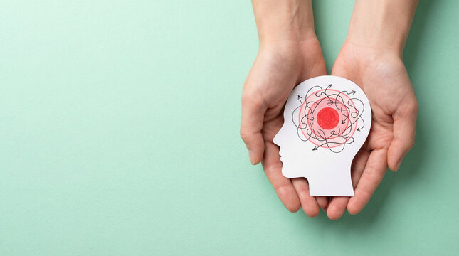 Hands holding silhouette of head with tangled thoughts and red stress spot