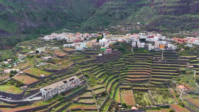 Aerial View of Agulo Village Terrace Farms La Gomera Canary Islands