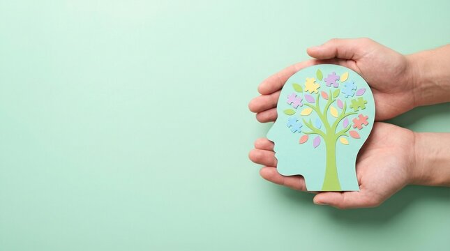Hands holding head silhouette with tree of life, mental health concept
