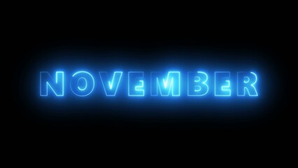 Glowing blue neon sign spelling November on black background