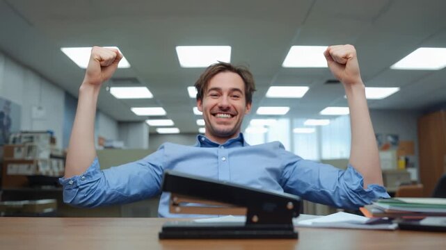 Pumping man in blue shirt raising fists at office desk after finishing report, with black stapler