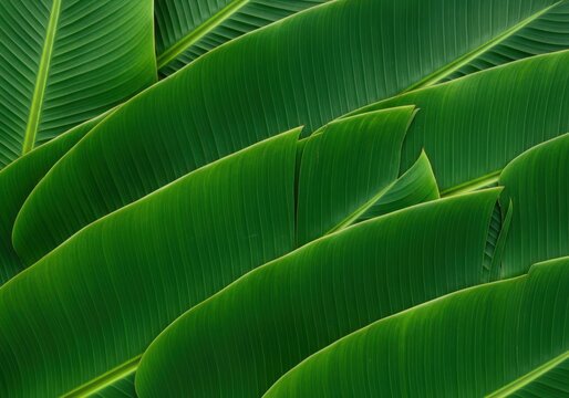 Close-up view of vibrant green banana leaves with visible veins and midribs