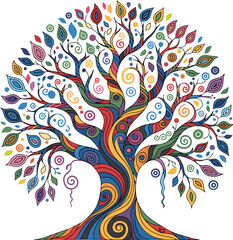 Obraz premium Adobe Illustrator Artwork Colorful tree logo with vibrant leaves, dark trunk, and roots against a white background 