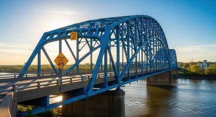 Fototapeta premium Aesthetic Blue Bridge Architecture Spanning Wide River Under Sunny Sky for Travel