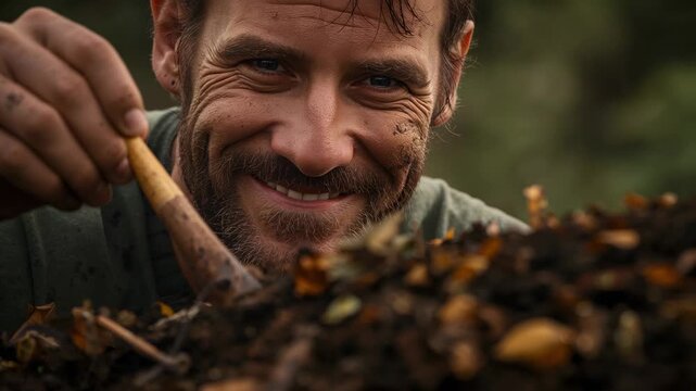 Leaning close, man in green shirt probing compost pile at garden, using wooden probe checking decay