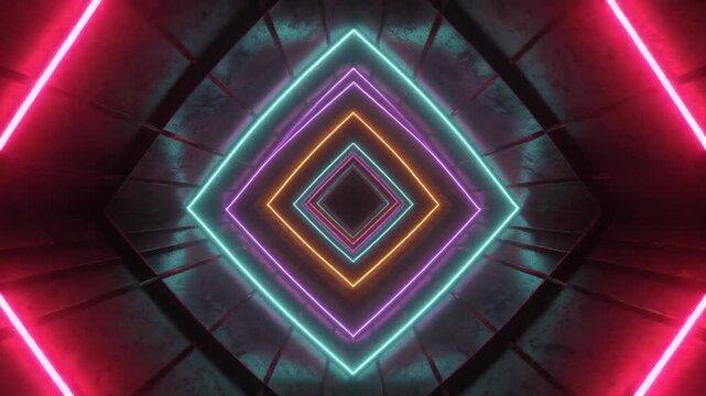 A futuristic neon-lit tunnel with layered diamond shapes and vibrant lights from a centered viewpoint