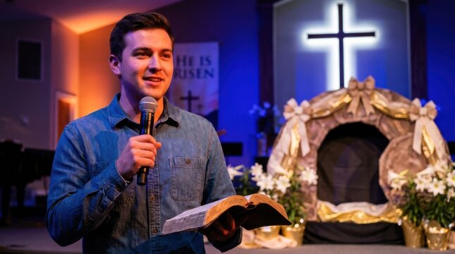 Man speaker holding Bible and microphone during Easter worship service in church. Religious preacher delivering sermon about Resurrection of Jesus Christ. Christian holiday celebration.