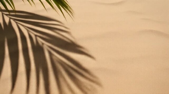 Palm leaf shadow on sandy beach with serene atmosphere and gentle slope