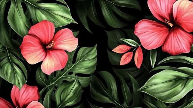 Vibrant hibiscus flowers and tropical leaves on a black background.