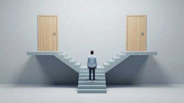 Man standing at crossroads with two doors, symbolizing choice and decision