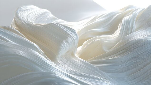 Ethereal white fabric folds with soft shadows and delicate highlights creating dreamy atmosphere for premium branding or luxury textile displays featuring organic shapes and flowing silk motion