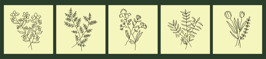 Vintage botanical sketches in gallery wall frames with earthy background. Set of five hand drawn floral line art posters. Wall decor design flowers, interior, print, cover, and postcard