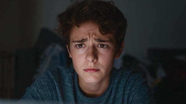 Leaning teen in teal shirt at bedroom desk, laptop glow drawing focus and showing concern