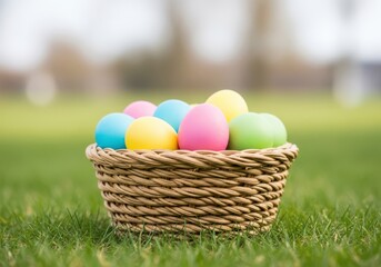 A wicker basket filled with colorful easter eggs placed on a lush green lawn
