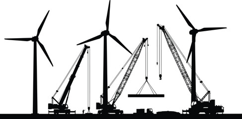 Wind turbine installation with cranes silhouette, renewable energy construction site building wind power generators, sustainable electricity infrastructure engineering industry vector illustration © Shahariar's World