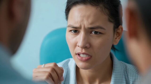 Reacting after remark by others Asian woman shifting to pointing, disputing in clinic checked robe