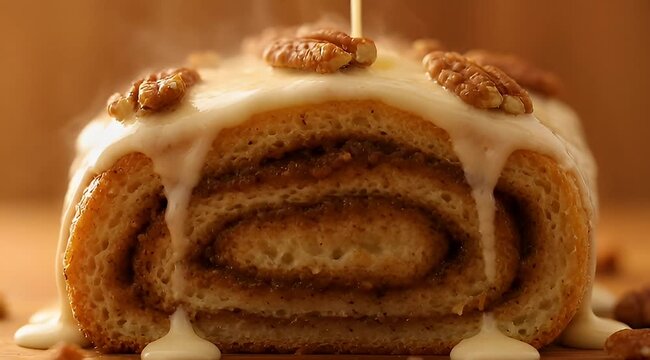 Close up of a decadent cinnamon roll with pecans and frosting