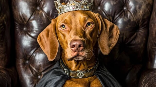 A regal dog in a crown and cape, exuding a royal atmosphere.