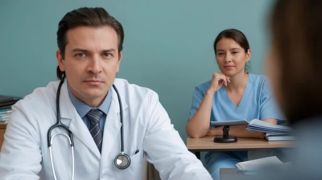Reading chart labcoat doctor raising gaze talking to patient at clinic stethoscope nurse in scrubs