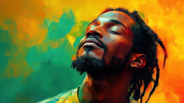 Vibrant portrait of a man with dreadlocks in bold red, yellow and green tones. Inspired by reggae culture and Caribbean spirit. Expressive artistic illustration symbolizing freedom, music
