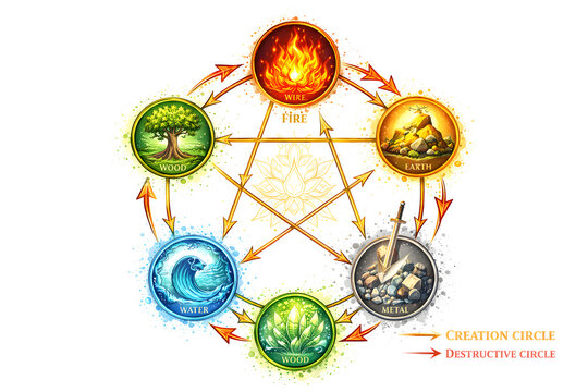 Alchemy elemental circle diagram with fire water earth air nature metal and spirit symbols, mystical sacred geometry magic transmutation chart with pentagram structure, ancient hermetic philosophy occ