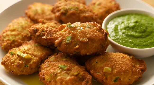 Delicious crispy zucchini fritters served with a vibrant green chutney dip