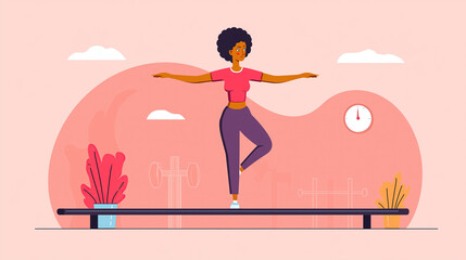Woman Practicing Balance Exercise On Beam In Fitness Studio Illustration