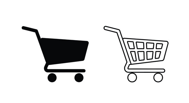 Set of 2 Shopping Cart Icons Vector: Solid Black and Outline Style for E-commerce, Retail, and Online Store Web Design