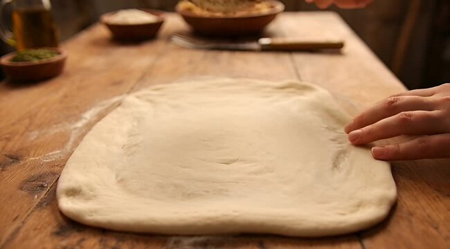 Preparing Pizza Dough Crust on a Wooden Tabletop with Additional Ingredients