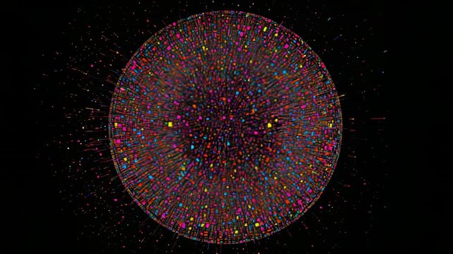 Shifting color dot-tile sphere on play, showing radial motion and brightening on black canvas