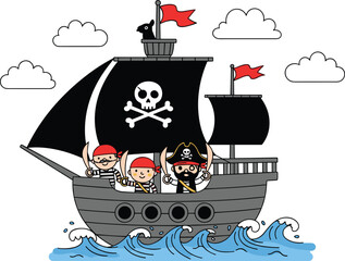 Fototapeta premium Cute Cartoon Pirate Ship with Funny Pirates, Skull Flag, and Ocean Waves Illustration for Kids Adventure Theme and Children Story Design