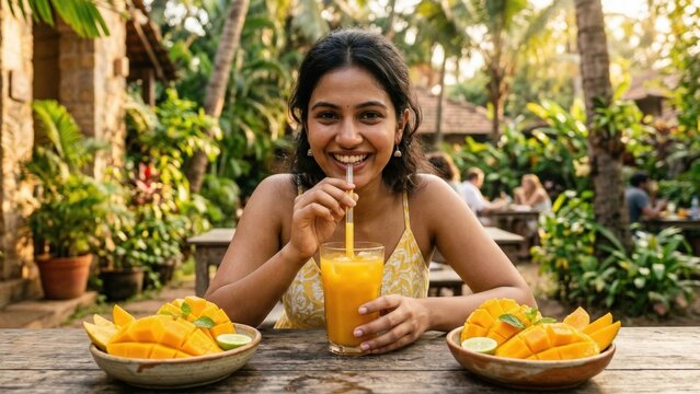 Tropical Mango Juice Refreshment Woman Portrait