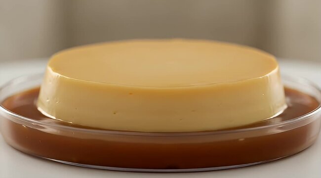 Close up shot of smooth caramel custard or flan dessert on plate