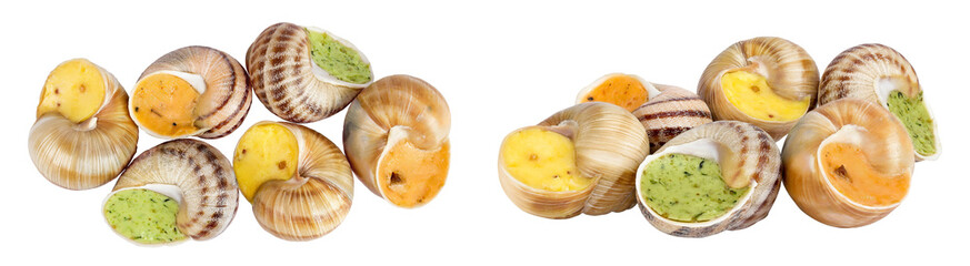 escargot snail filled with different fillings isolated on white background. Top view. Flat lay © kolesnikovserg