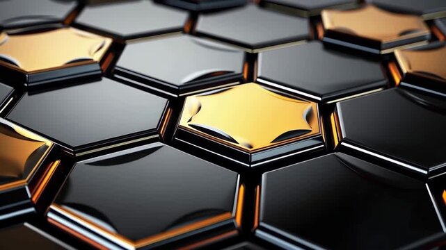 Shapes in black and gold move and change on a flat surface. The design shows patterns that flow smoothly in different angles and positions.